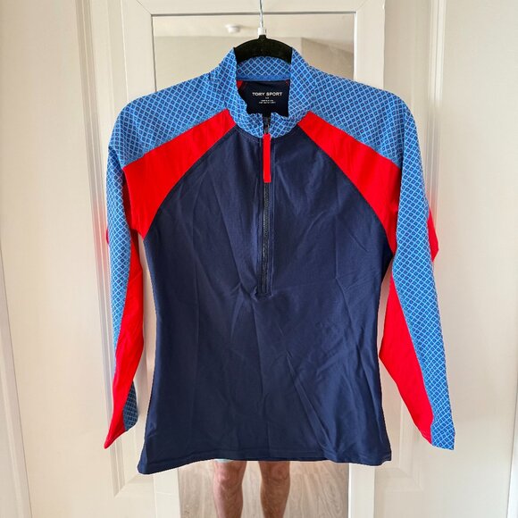 Tory Sport Geo Print Long Sleeve Half Zip Rashguard Top Navy Red Blue Size L - Picture 2 of 5